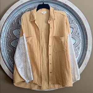 ODDY Buttercup yellow  Button-Down  White crochet Sleeves Oversized Shacket